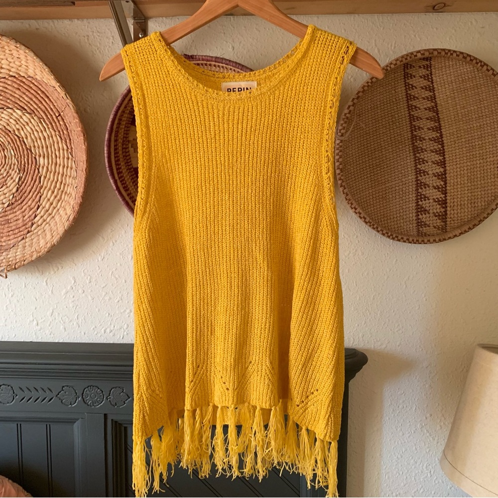 Anthropologie yellow crochet/knit fringe tank
